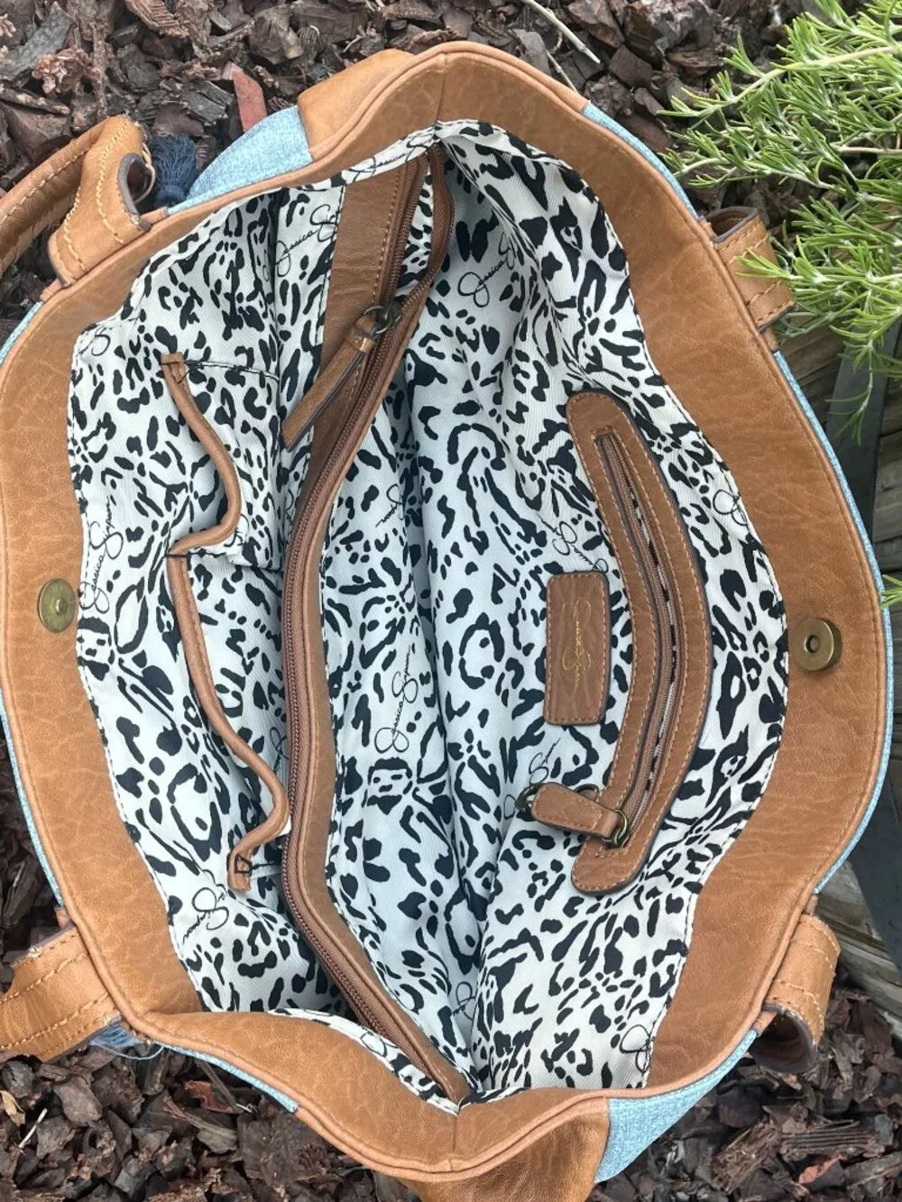 Jessica Simpson Tote Shoulder Bag Faux Leather Boho Multicolor Tassels Denim